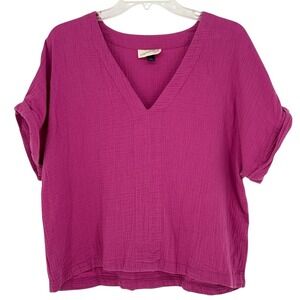 Universal Thread Gauze Shirt Pink Short Sleeve V Neck Cotton Size Large Relaxed